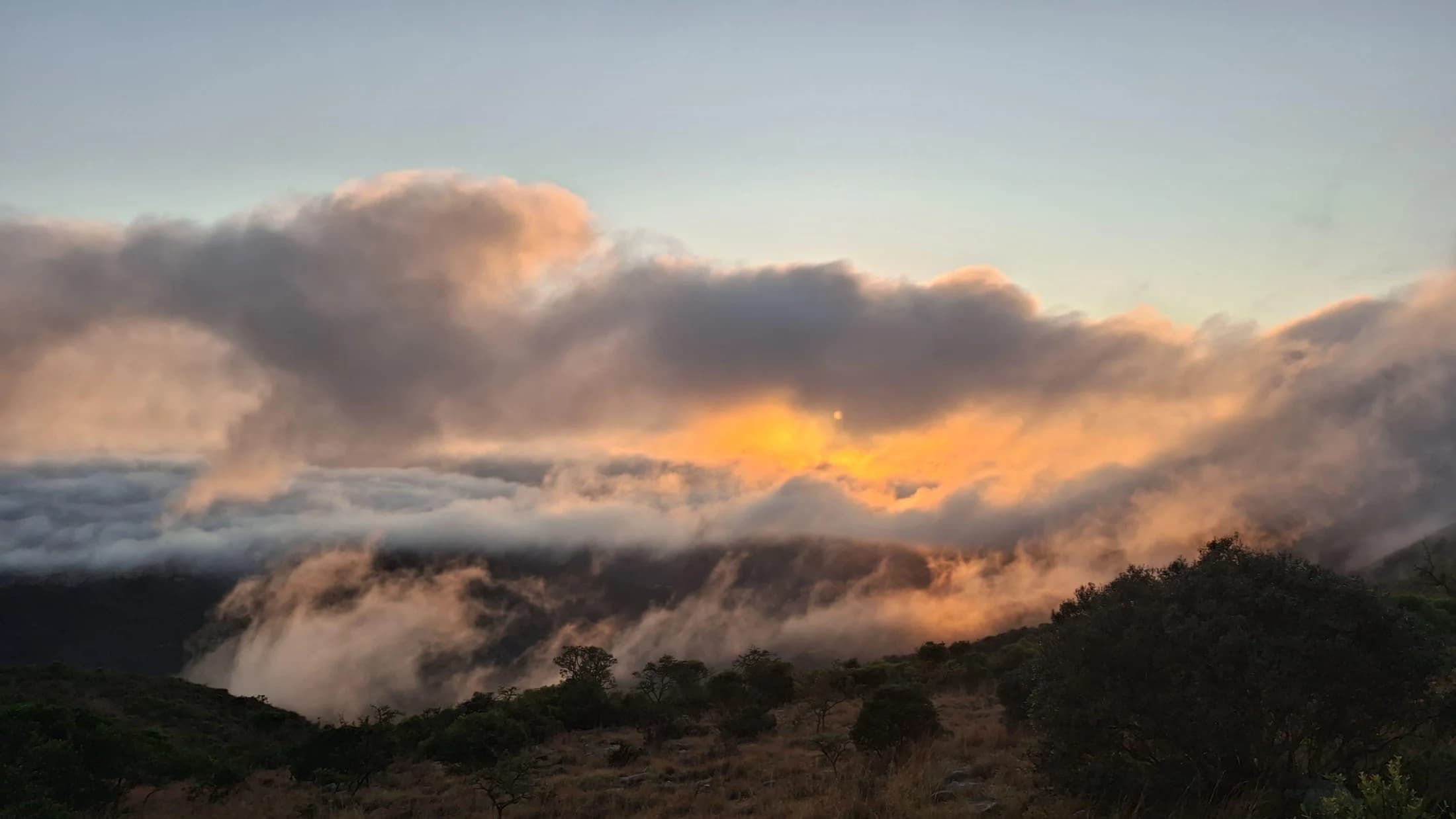 Golden light and mist drifting through the hills