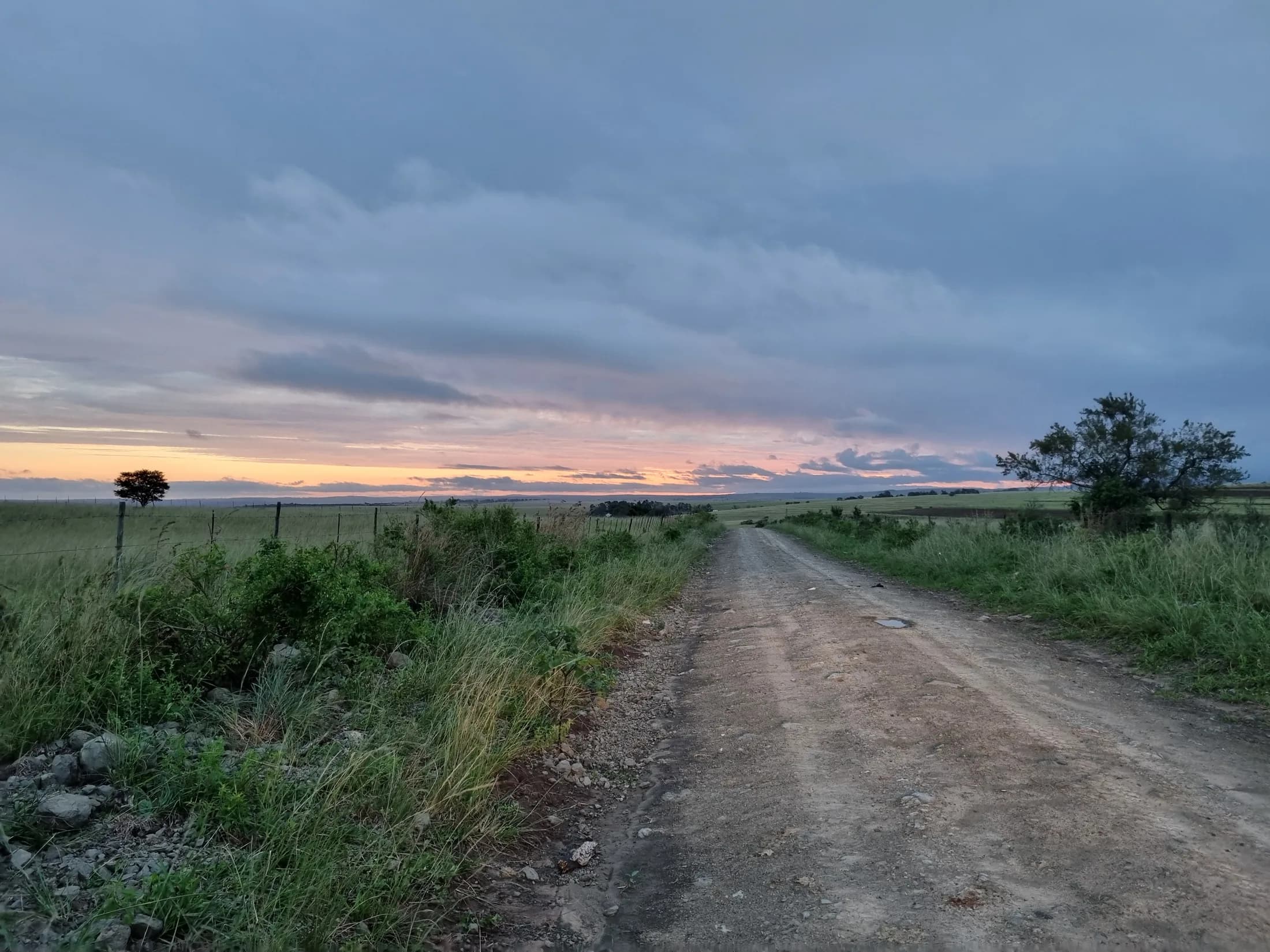 A quiet gravel track beneath evening clouds
