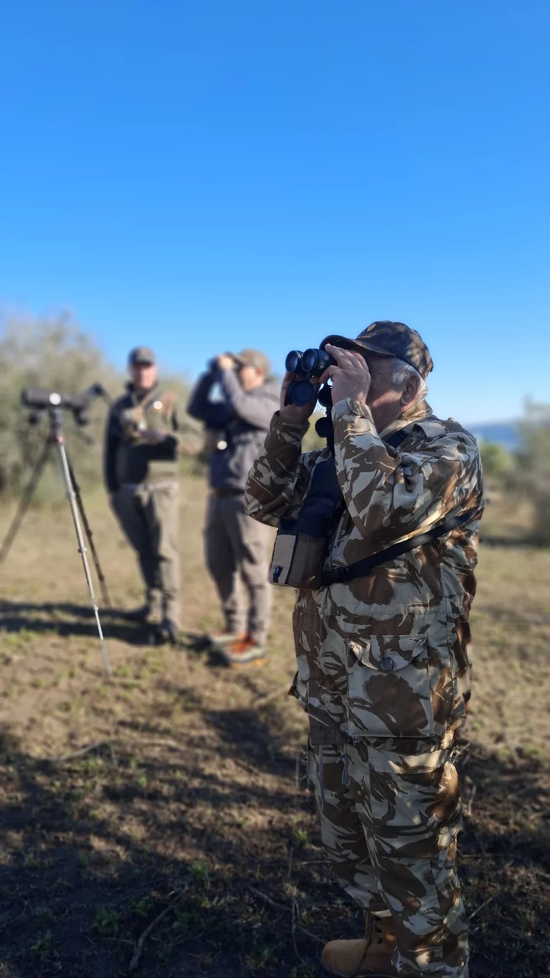 A group scanning the landscape with binoculars